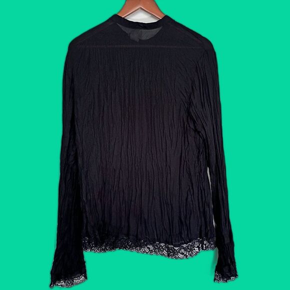 Vtg Fashion Bug Sheer Black Crinkle Button Down Blouse Lace Trim XL Goth Grunge - Picture 2 of 5